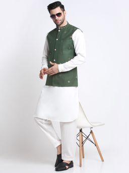 Kraft India - Cotton White Pathani Kurta Salwar with Green Embroidered Nehru Jacket (Set of 3)