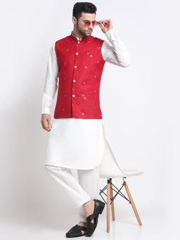 Kraft India - Men Cotton White Pathani Kurta Salwar with Red Embroidered Nehru Jacket (Set of 3)