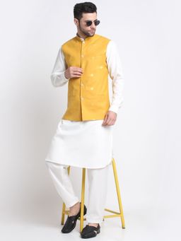 Kraft India - Cotton White Pathani Kurta Salwar with Yellow Embroidered Nehru Jacket (Set of 3)