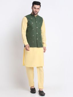 Kraft India - Cotton Yellow Pathani Kurta Salwar with Green Embroidered Nehru Jacket (Set of 3)