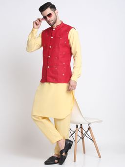 Kraft India - Men Cotton Yellow Pathani Kurta Salwar with Red Embroidered Nehru Jacket (Set of 3)