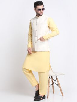 Kraft India - Cotton Yellow Pathani Kurta Salwar with White Embroidered Nehru Jacket (Set of 3)