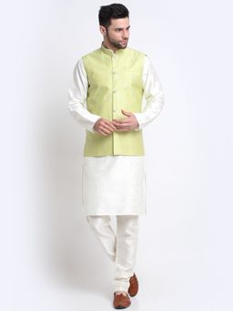 Kraft India - Men Silk Blend Cream Kurta Churidar with Green Embroidered Nehru Jacket (Set of 3)