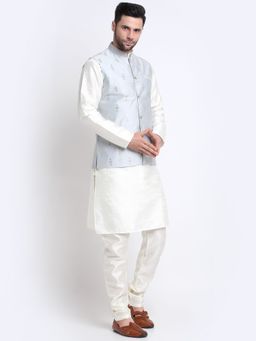 Kraft India - Men Silk Blend Cream Kurta & Churidar with Grey Embroidered Nehru Jacket (Set of 3)
