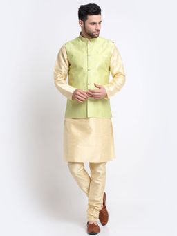 Kraft India - Men Silk Blend Beige Kurta Churidar with Green Embroidered Nehru Jacket (Set of 3)