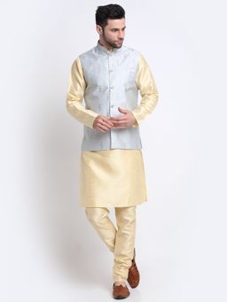 Kraft India - Men Silk Blend Beige Kurta & Churidar with Grey Embroidered Nehru Jacket (Set of 3)