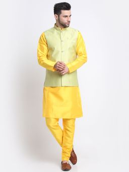 Kraft India - Men Silk Blend Yellow Kurta Churidar with Green Embroidered Nehru Jacket (Set of 3)