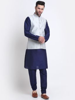 Kraft India - Men Navy Blue Kurta Churidar with Grey Embroidered Nehru Jacket (Set of 3)