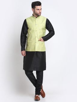 Kraft India - Men Silk Blend Black Kurta Churidar with Green Embroidered Nehru Jacket (Set of 3)