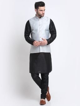 Kraft India - Men Silk Blend Black Kurta & Churidar with Grey Embroidered Nehru Jacket (Set of 3)