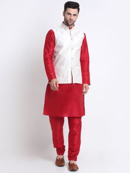 Kraft India - Men Silk Blend Red Kurta Churidar with Cream Embroidered Nehru Jacket (Set of 3)