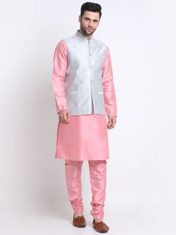 Kraft India - Men Silk Blend Pink Kurta & Churidar with Grey Embroidered Nehru Jacket (Set of 3)