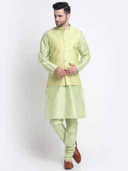 Kraft India - Men Silk Blend Sea Green Kurta & Churidar with Embroidered Nehru Jacket (Set of 3)