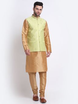 Kraft India - Men Brown-Tone Kurta Churidar with Green Embroidered Nehru Jacket (Set of 3)