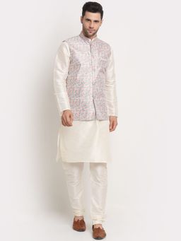 Kraft India - Men Cream Kurta & Churidar with Thread Work Yellow Nehru Jacket (Set of 3)