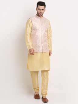 Kraft India - Men Beige Kurta & Churidar with Thread Work Yellow Nehru Jacket (Set of 3)