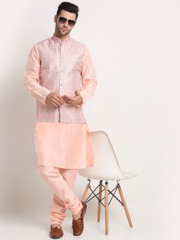 Kraft India - Men Peach Kurta & Churidar with Thread Work Pink Nehru Jacket (Set of 3)