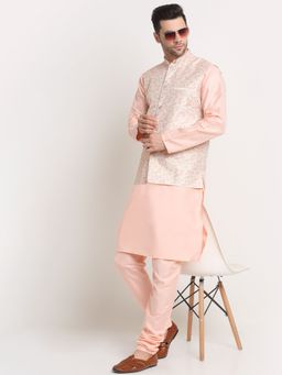 Kraft India - Men Peach Kurta & Churidar with Thread Work Yellow Nehru Jacket (Set of 3)