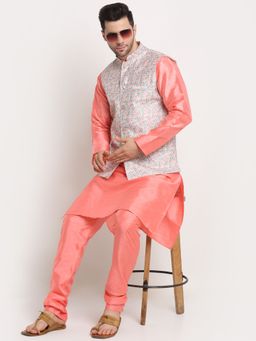 Kraft India - Men Pink Kurta & Churidar with Thread Work Green Nehru Jacket (Set of 3)