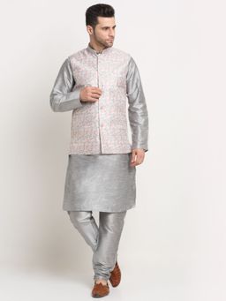 Kraft India - Men Silk Blend Kurta & Churidar with Thread Work Green Nehru Jacket (Set of 3)