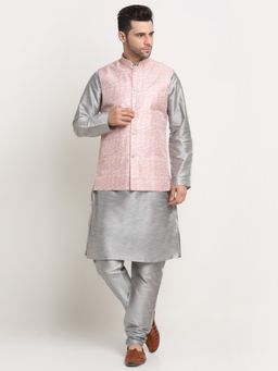 Kraft India - Men Silk Blend Kurta & Churidar with Thread Work Pink Nehru Jacket (Set of 3)