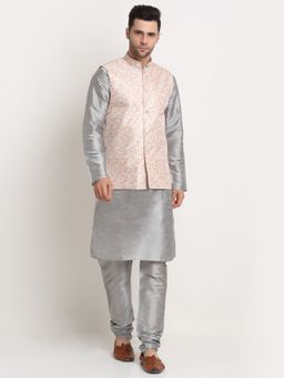 Kraft India - Men Silk Blend Kurta & Churidar with Thread Work Yellow Nehru Jacket (Set of 3)
