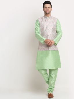 Kraft India - Men Sea Green Kurta & Churidar with Thread Work Nehru Jacket (Set of 3)