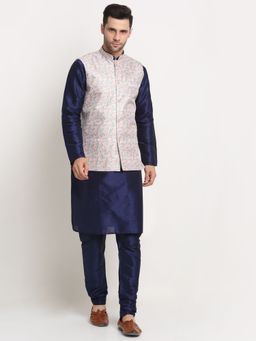 Kraft India - Men Navy Blue Kurta & Churidar with Thread Work Green Nehru Jacket (Set of 3)