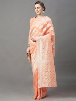 Akhilam - Womens Cotton Silk Peach Woven Design Saree with Unstitched Blouse