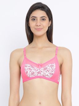 Clovia - Non-Padded Non-Wired Full Coverage Printed Bra with Powernet In Pink Cotton