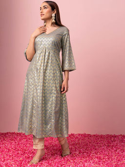 Indya - Light Blue Geometric Foil Print A-Line Kurta