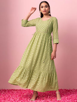 Indya - Light Green Foil Print Side Tie Up Tiered Kurta