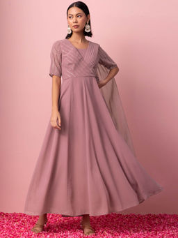 Indya - Mauve Striped Foil Print Angrakha Kurta with Attached Dupatta