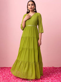 Indya - Green Foil Print Tiered Maxi Kurta with Dori Belt (Set of 2)