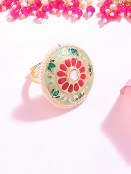 Zaveri Pearls - Green & Pink Meenakari Floral Design Traditional Ring-ZPFK14652