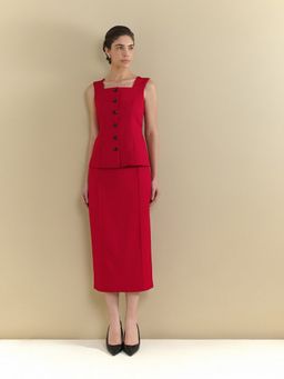 FABLE STREET - Polyester Regular Fit Sleeveless Red Waistcoat with Skirt