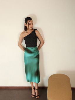 FABLE STREET - Teal Abstract Satin Midi A-Line Side Slit Skirt