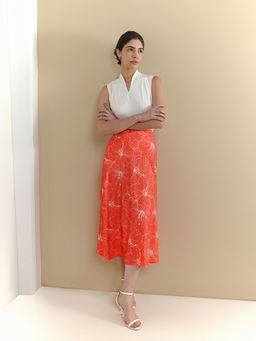FABLE STREET - Orange Floral Print Woven Midi A-Line Flared Skirt