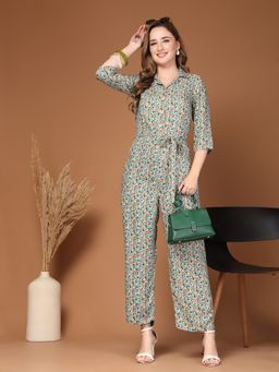 RAASSIO - Green Floral Printed Jumpsuit With Belt