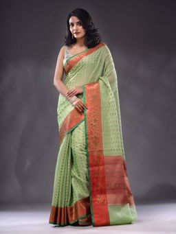 CHARUKRITI - Mint Green Resham Kota Handwoven Saree With Unstitched Blouse