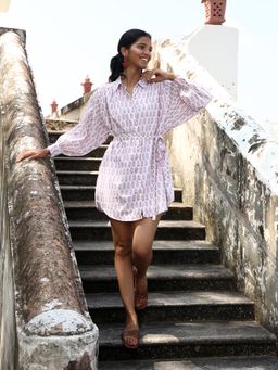 Okhai - Virtuoso Floral Handblock Printed Pure Cotton Shirt Dress (Set of 2)