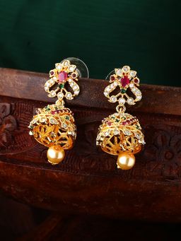 Estele - Gold Plated Cz Arcadia Jhumki Earrings With Pearl And Ruby Crystals For Women