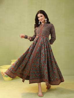 Kimayra - Women Teal Floral Mandarin Neck Kurta