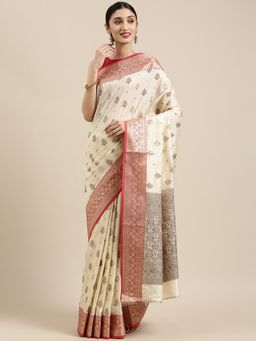 Sangam Prints - Off White Cotton Handloom Woven Work Saree with Unstitched Blouse with Unstitched