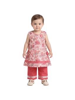 MINI KLUB - Baby Girls Pink Cotton Blend Floral Kurta & Pant with Dupatta