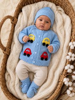 Woonie - Sky Blue Handknitted Car Applique Detailed Cardigan with Cap & Socks