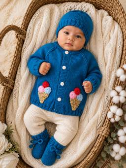 Woonie - Blue Ice-Cream Applique Detailed Cardigan with Cap & Socks