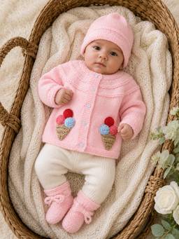 Woonie - Pink Ice-Cream Applique Detailed Cardigan with Cap & Socks