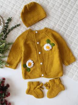 Woonie - Mustard Floral Applique Detailed Cardigan with Cap and Socks