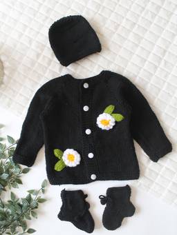 Woonie - Black Floral Applique Detailed Cardigan with Cap and Socks